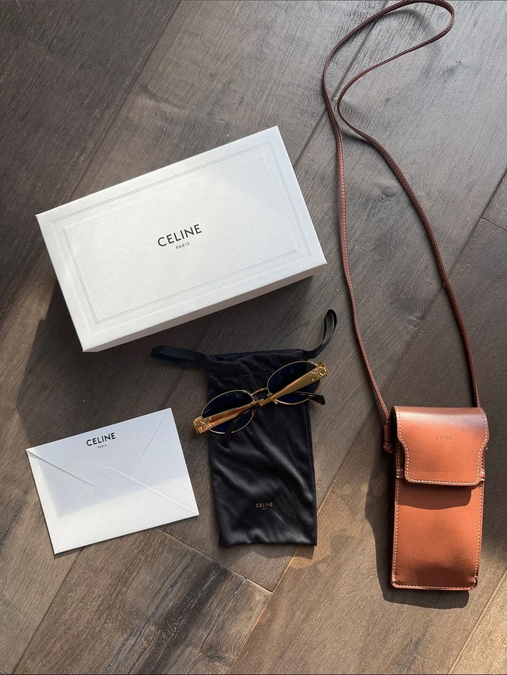 Celine Gold Sunglasses with Brown Leather Crossbody Pouch